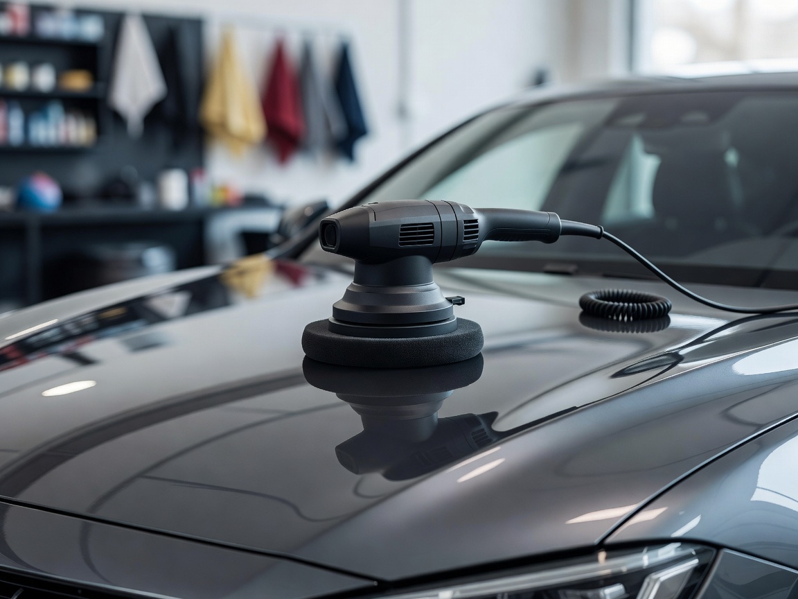 Machine polishing machine resting on shiny car hood