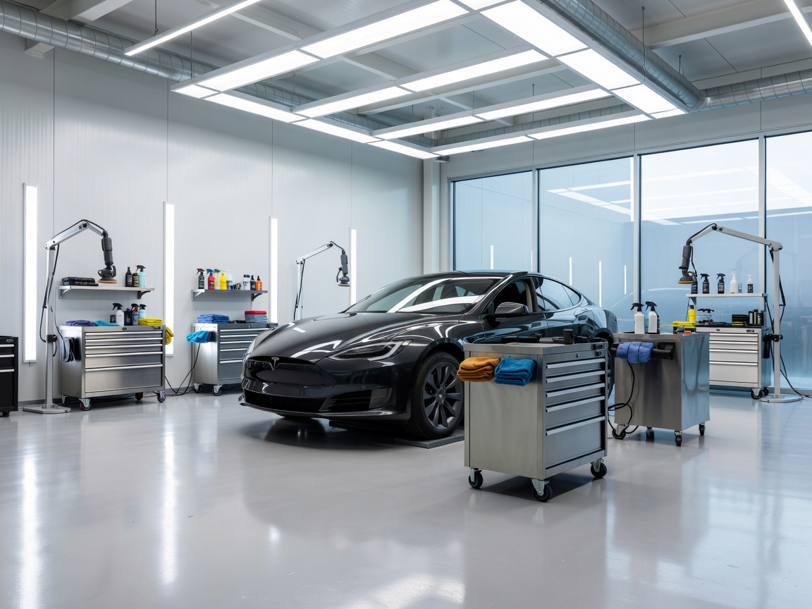 Modern detailing workshop interior with bright lighting